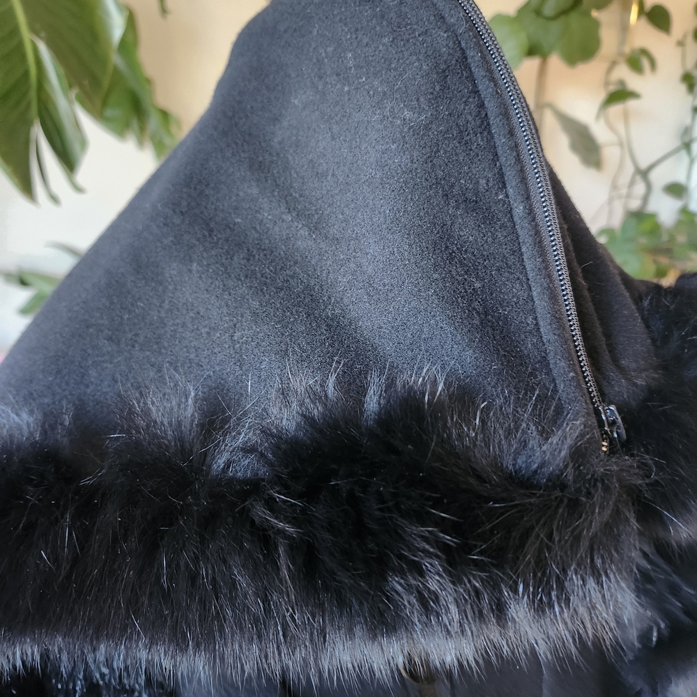 SAGA 80s 90s VINTAGE Elegant Black Fox Fur-Trimmed Women's Coat Cashmere WOOL Lg - Picture 9 of 16